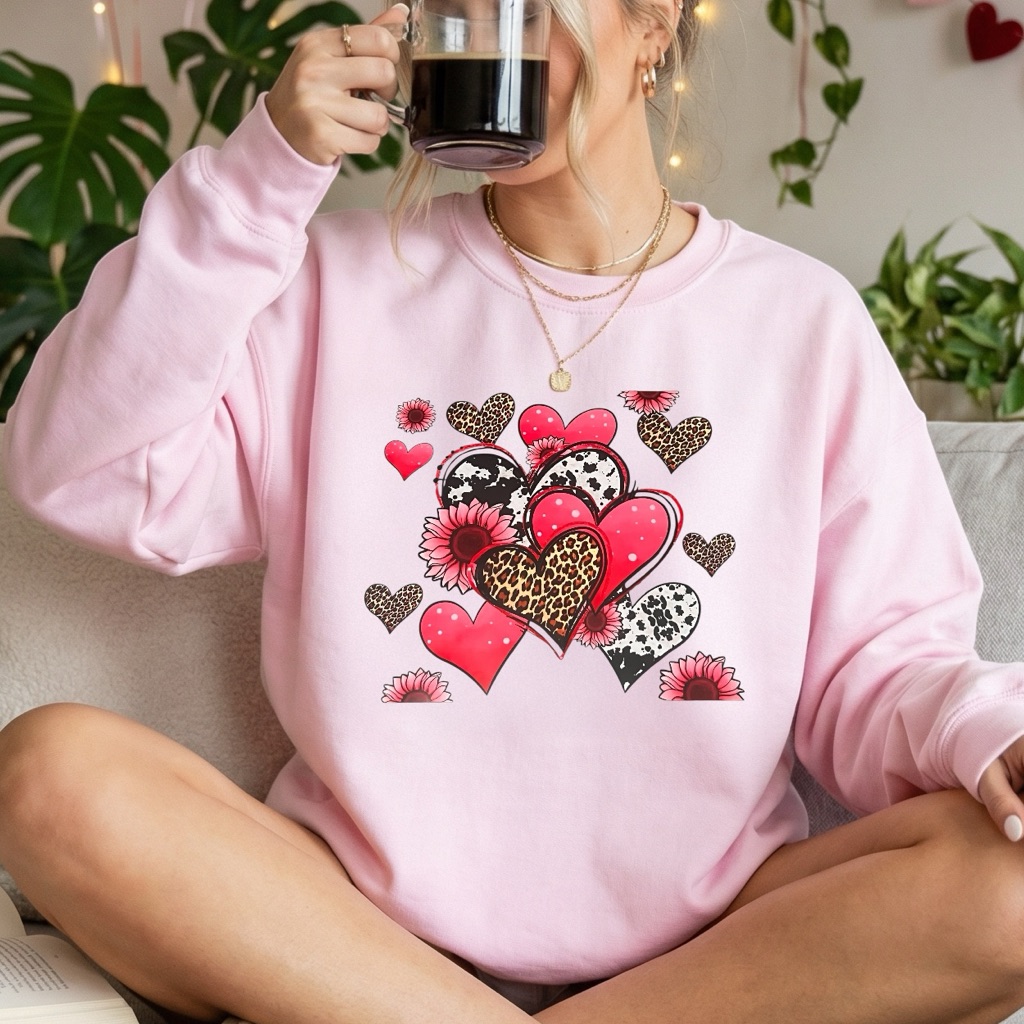 Valentine's Sweatshirt Hearts Animal Print Cow Leopard New S M L Xl Pink